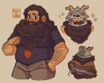 0_0 1boy ass bara beard belly blush brown_hair collage dungeon_meshi dwarf facial_hair fake_horns fat fat_man gordon_(goofyguygordon) helmet horned_helmet horns loincloth long_beard long_hair male_focus mature_male motion_lines scratching_ass senshi_(dungeon_meshi) sparkle thick_arm_hair very_long_beard wide-eyed