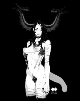 1girl adjusting_clothes adjusting_legwear arm_behind_back artist_logo artist_name bandaged_arm bandaged_leg bandages black_background body_piercings breasts breasts_apart broad_shoulders chest_hair choker clitoral_hood closed_mouth colored_sclera cropped_legs demon_girl excessive_pubic_hair female_pubic_hair fingernails forehead_jewel godiva_ghoul greyscale hair_over_shoulder half_moon highres hip_dips horns jewelry large_areolae large_breasts lips logo long_fingernails long_hair long_horns looking_at_viewer mole monochrome moon multiple_moles multiple_rings navel nipples nostrils nude original parted_hair perky_breasts piercing pinky_out pubic_hair ring simple_background solo standing stomach tail