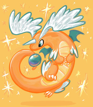 claws colored_skin dehagua dragon dragonite feathered_wings full_body gen_1_pokemon green_eyes head_wings horns leg_wings mega_dragonite mega_pokemon nintendo no_humans orange_skin pokemon pokemon_(creature) pokemon_focus single_horn tail wings