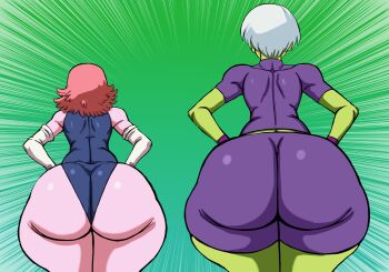 2girls absurdres ass ass_focus breasts charge_sol cheelai chronoa colored_skin comparison curvy dragon_ball dragon_ball_super dragon_ball_xenoverse emphasis_lines female_focus from_behind green_skin hands_on_own_hips highleg highleg_leotard highres huge_breasts leotard multiple_girls pink_hair pink_skin shiny_skin short_hair thick_thighs thighs thong_leotard white_hair wide_hips
