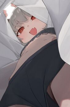 1girl :d black_bra black_panties black_shorts bra clothes_lift commentary fang flat_chest grey_hair highres hiroki_(yyqw7151) lifting_own_clothes loli looking_at_viewer looking_down navel open_mouth original panties panties_under_shorts red_eyes shirt shirt_lift shorts skin_fang smile solo underwear upshirt white_shirt