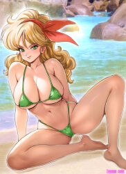 Rule 34 | 1girl, arm support, artist name, bare shoulders, barefoot, bikini, blonde hair, breasts, cleavage, closed mouth, collarbone, commentary request, dragon ball, dragon ball (classic), feet, green bikini, green eyes, hairband, highres, knee up, large breasts, legs, long hair, looking at viewer, lunch (dragon ball), navel, oyaman, photo background, shiny skin, signature, sitting, smile, solo, stomach, swimsuit, thighs, toes