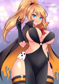 1girl absurdres black_cape black_dress black_gloves black_thighhighs blonde_hair blue_eyes bow bowtie breasts bubble_background candy cape cleavage dress food ghost gloves halloween halloween_costume hand_on_own_hip highres holding holding_candy holding_food large_breasts light_particles long_hair looking_at_viewer metroid mole mole_under_mouth nintendo o-ring orange_cape ponytail purple_background red_bow red_bowtie revealing_clothes samus_aran side_slit sideboob sleeveless sleeveless_dress smile standing striped_clothes striped_thighhighs sugarbell thighhighs two-sided_cape two-sided_fabric two-tone_cape
