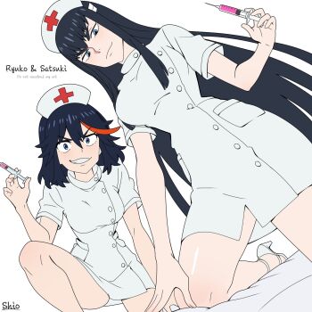 black_hair blue_eyes breasts buttons clenched_teeth closed_mouth cross dress dutch_angle english_text hair_between_eyes hat high_heels highres holding holding_syringe kill_la_kill kiryuuin_satsuki kneeling long_hair looking_at_viewer matoi_ryuuko medium_breasts medium_hair nurse nurse_cap purple_liquid red_cross red_streaks shio_(zsp1jqohfr12495) smile syringe teeth thighs white_dress