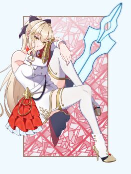 1girl absurdres bare_shoulders benghuai_xueyuan black_bow boots bow breasts commentary detached_sleeves dress full_body hair_bow high_heel_boots high_heels highres honkai_(series) invisible_chair laniaitte_gordius_de_eumenes large_breasts long_hair looking_at_viewer ponytail sitting smile solo thighhighs white_dress white_sleeves white_thighhighs yamano_prototype