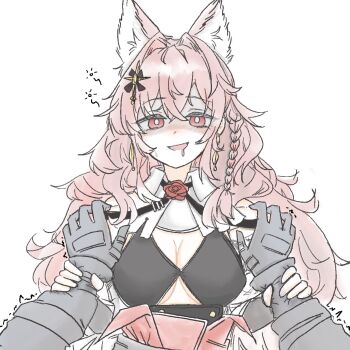 1girl animal_ears arknights assertive_female black_gloves braid breasts bright_pupils cleavage commentary_request crossed_bangs drunk gloves hair_between_eyes hair_ornament highres holding_another's_wrist korean_commentary long_hair long_sleeves medium_breasts official_alternate_costume pink_eyes pink_hair pov pov_hands pozyomka_(arknights) pozyomka_(snowy_plains_in_words)_(arknights) shaded_face simple_background squeans strap sussurrobestmom trembling white_background white_pupils
