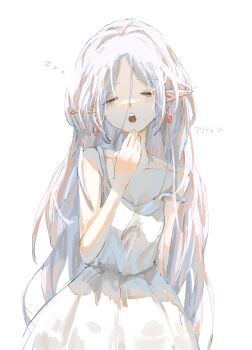1girl absurdres alternate_hairstyle closed_eyes collarbone commentary cowboy_shot dress earrings elf english_commentary floating_earrings frieren hair_down hand_up highres jewelry long_hair messy_hair open_mouth pointy_ears simple_background sleepy sleeveless sleeveless_dress snoeflaefk solo sousou_no_frieren standing straight-on strap_slip teardrop_earrings translation_request very_long_hair white_background white_dress white_hair yawning zzz