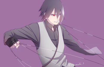 1boy black_gloves black_hair black_shirt boruto:_naruto_next_generations clenched_teeth fingerless_gloves gloves hair_between_eyes heterochromia highres holding holding_string looking_to_the_side male_focus mangekyou_sharingan mochiii-s naruto_(series) purple_background purple_eyes red_eyes rinnegan sharingan shirt solo string string_in_mouth teeth twitter_username uchiha_sasuke upper_body vest