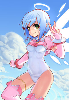 1girl angel blue_hair breasts clenched_hand closed_mouth cloud cowboy_shot cropped_jacket djibril_(makai_tenshi_djibril) elbow_gloves fingerless_gloves flying gloves green_eyes halo highres jacket jewelry leotard magical_girl makai_tenshi_djibril manabe_rika mrpenning pink_gloves pink_jacket pink_thighhighs pinup_(style) short_hair sky small_breasts smile solo thighhighs thighlet v white_halo white_leotard white_wings wings