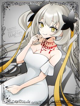 1girl bare_shoulders breasts cleavage commentary_request dress fate/grand_order fate_(series) flower gradient_hair grey_hair grey_hat hair_flower hair_ornament hair_ribbon hat highres jewelry large_breasts long_hair looking_at_viewer marie_antoinette_(fate) marie_antoinette_alter_(fate) multicolored_hair necklace ribbon sidelocks smile solo twintails very_long_hair wagu_neru white_dress white_hair yellow_eyes