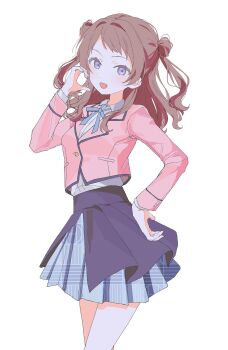 1girl aru_(purepur8) black_overskirt blazer blue_eyes blue_ribbon blue_skirt breasts brown_hair collared_shirt cowboy_shot cropped_jacket crossed_legs dress_shirt fingernails gakuen_idolmaster hair_rings half-heart_hands hanami_saki hand_on_own_hip highres idolmaster jacket lapels light_blush long_hair long_sleeves looking_at_viewer medium_breasts neck_ribbon open_mouth overskirt pink_jacket pleated_skirt ribbon shirt shirt_tucked_in simple_background skirt solo standing swept_bangs two_side_up unmoving_pattern watson_cross white_background white_shirt