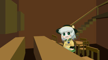 1girl :| bar_(place) blush bow buttons cel_shading chair chibi closed_mouth collared_shirt commentary counter cowboy_shot diamond_button english_commentary expressionless eyeball frilled_shirt_collar frilled_sleeves frills green_eyes green_hat green_skirt grey_hair hat hat_bow heart heart_of_string highres indoors komeiji_koishi kouki_(nowlearning) kouki_ht long_sleeves looking_at_viewer parody shirt skirt solo table the_town_with_no_name third_eye touhou yellow_bow yellow_shirt