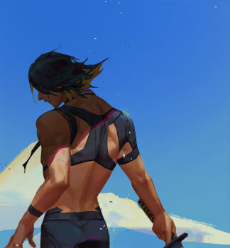 1boy back black_hair black_pants blue_sky cloud commentary_request from_behind grin holding holding_sword holding_weapon male_focus nagasone_kotetsu ncww_rinichi outdoors pants short_hair sky smile solo sparse_stubble sword tan touken_ranbu weapon