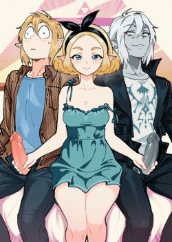 animated animated_gif artist_request blonde_hair breasts cum dark_link double_handjob elf handjob link multiple_boys nintendo non-web_source penis pointy_ears princess_zelda tagme the_legend_of_zelda white_hair