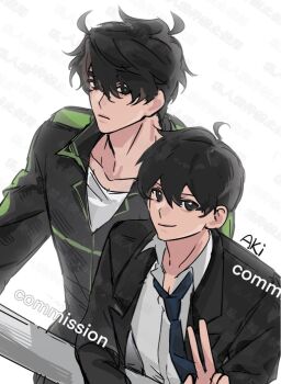 2boys against_railing ahoge akigawasou alternate_costume black_eyes black_hair black_jacket black_track_suit blue_necktie collared_shirt cowboy_shot from_above jacket kim_dokja looking_at_viewer male_focus multiple_boys necktie omniscient_reader&#039;s_viewpoint railing serious shirt short_hair smile track_suit v white_shirt yoo_joonghyuk