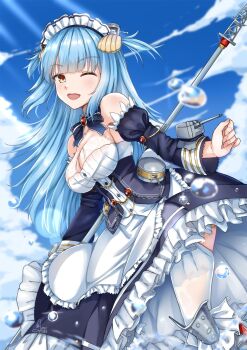 1girl apron azur_lane bare_shoulders black_dress blue_hair blue_sky breasts clam_shell cleavage cleavage_cutout clothing_cutout cloud cloudy_sky commentary day detached_sleeves dress english_commentary fake_antlers frilled_apron frilled_hairband frills gem hair_ornament hairband highres juliet_sleeves long_hair long_sleeves maid_headdress medium_breasts mixed-language_commentary neptune_(azur_lane) open_mouth outdoors polearm puffy_sleeves red_gemstone shell shell_hair_ornament signature sky solo sundajin_asagi thighhighs trident weapon white_apron white_thighhighs yellow_eyes