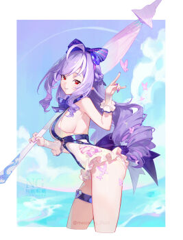 Rule 34 | 1girl, absurdres, arm up, bare shoulders, braid, breasts, bug, butterfly, casual one-piece swimsuit, closed mouth, commentary, english commentary, from side, half up braid, highres, holding, holding umbrella, insect, long hair, looking at viewer, looking to the side, medium breasts, meoreng illust, mole, mole under eye, multicolored hair, nail polish, ocean, official alternate costume, one-piece swimsuit, outdoors, pink butterfly, pointy ears, purple hair, purple nails, red eyes, sideboob, sidelocks, signature, solo, streaked hair, swimsuit, thigh strap, thighs, umbrella, very long hair, vivian banshee, vivian banshee (iris of the shore), wet, white one-piece swimsuit, zenless zone zero