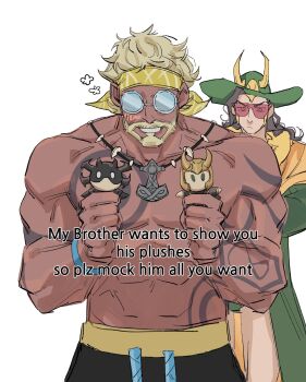 2boys abs arm_tattoo beard black_hair black_swim_trunks blonde_facial_hair blonde_hair brothers can't_choose_your_own_family character_doll chest_tattoo doll english_text facial_hair fake_horns green_eyes green_hat grin hashtag-only_commentary hat headband hela_(marvel) helmet highres holding holding_doll horned_hat horned_helmet horns jewelry loki_(marvel) loki_(robe_of_relaxation)_(marvel) long_hair looking_at_another looking_at_viewer male_focus marvel marvel_rivals multiple_boys muscular muscular_male necklace official_alternate_costume opaque_sunglasses pink-tinted_eyewear round_eyewear short_hair siblings sketch smile sunwillshineon tattoo thor_(marvel) thor_(marvel)_(series) thor_(worthy_waves)_(marvel) tinted_eyewear topless_male white_background yellow_headband