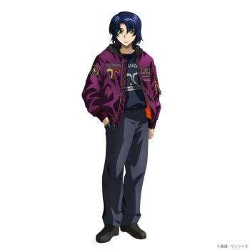 Rule 34 | 1boy, athrun zala, black shirt, black shoes, blue hair, bomber jacket, copyright notice, full body, green eyes, grey pants, gundam, gundam seed, gundam seed freedom, hand in pocket, highres, hood, hood down, hooded jacket, jacket, long sleeves, looking at viewer, male focus, official art, open clothes, open jacket, pants, promotional art, purple jacket, shirt, shoes, short hair, simple background, smile, solo, standing, white background