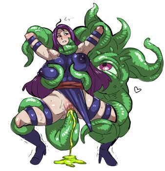 1boy 1girl absurdres arms_up blue_eyes blush breasts breasts_out breasts_squeezed_together clothing_aside creature cum cum_in_pussy cum_overflow curvy embarrassed full_body grabbing_another&#039;s_breast groping heart highres interspecies kanden-ki large_breasts leotard leotard_aside lips looking_at_another marvel moaning nipples no_mouth open_mouth penis psylocke purple_hair pussy restrained revealing_clothes sex shiny_clothes shiny_skin shuma_gorath spread_legs straddling sweat sweatdrop tentacles thong_leotard trembling vaginal white_background wide_hips x-men x-ray