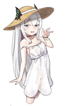 1girl absurdres bandaid bandaid_on_pussy bandaids_on_nipples blush brown_eyes choker cinn_angl dress echidna_(re:zero) embarrassed hat highres loli long_hair pasties re:zero_kara_hajimeru_isekai_seikatsu see-through_clothes see-through_dress sidelocks solo white_background white_dress white_hair