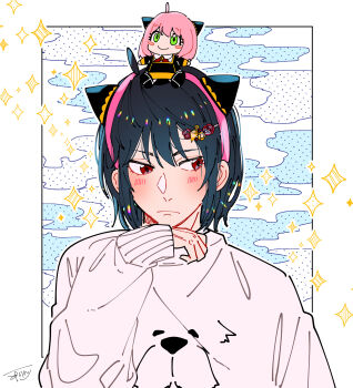 Rule 34 | 1boy, absurdres, ahoge, anya (spy x family), awarinko, black hair, blush, bond (spy x family), character doll, character print, doll, green eyes, grey sweater, hair between eyes, hairband, hand up, highres, long sleeves, looking to the side, male focus, on head, pink hair, pink hairband, puffy long sleeves, puffy sleeves, red eyes, signature, sleeves past wrists, solo, sparkle, spy x family, sweater, upper body, yuri briar