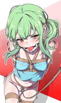 1girl absurdres ball_gag bare_shoulders bdsm blush bondage bound breast_bondage breasts brown_eyes collarbone commentary crop_top crying crying_with_eyes_open drooling english_commentary gag gagged green_hair highres long_hair looking_at_viewer navel original panties shibari shibari_over_clothes skindentation small_breasts solo standing stomach tears thigh_gap tiedtiki underwear white_panties