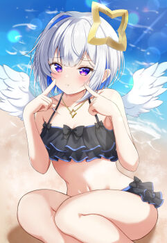 1girl absurdres amane_kanata angel_wings aqua_wings bare_arms bare_shoulders beach bikini black_bikini blue_hair blush bob_cut breasts cleavage closed_mouth collarbone colored_inner_hair commentary_request day feathered_wings fingers_to_cheeks frilled_bikini frills gradient_wings hair_between_eyes hair_ornament halo highres hololive long_hair looking_at_viewer multicolored_hair multicolored_wings navel outdoors purple_eyes rinkaa_(lovelive765pro2) small_breasts solo star_halo stomach swimsuit virtual_youtuber white_hair white_wings wings yellow_halo