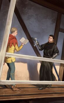 Rule 34 | 2boys, black coat, black hair, blonde hair, blood, blood on clothes, blood on face, blue pants, blush, book, brown shoes, building, cape, coat, commentary, commission, english commentary, flower, from side, full body, gauntlets, hans capon, henry of skalitz, highres, holding, holding book, holding flower, holding sword, holding weapon, jacket, kingdom come: deliverance ii, looking at another, male focus, multiple boys, open mouth, outdoors, pants, red cape, sabaton, shadow, shoes, short hair, smile, standing, sword, tworain w, weapon, yellow jacket