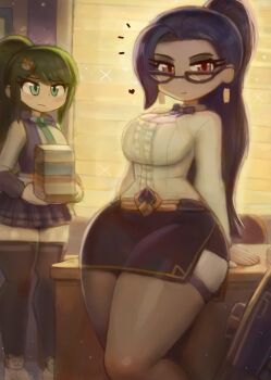 2girls absurdres animal_hair_ornament arm_support belt black_thighhighs blizzard_(company) blush book book_stack bow bowtie breasts brown_thighhighs chair classroom cleavage colored_skin desk earrings fox_hair_ornament glasses gold_belt green_eyes green_hair green_necktie hair_ornament heart highres holding holding_book hood hoodie jewelry kiriko_(overwatch) large_breasts long_hair long_sleeves looking_at_viewer multiple_girls necktie overwatch overwatch_2 parted_lips pencil_skirt pink_eyes plaid_clothes plaid_skirt ponytail purple_bow purple_bowtie purple_hair purple_hoodie purple_lips purple_skin purple_skirt school_uniform shirt shoes skirt sleeveless sleeveless_hoodie sparkle standing teacher teacher_and_student teeth thick_thighs thighhighs thighs tony_welt white_shirt white_shoes wide_hips widowmaker_(overwatch) window window_blinds