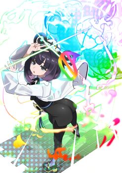 1girl absurdres ass black_dress black_pantyhose black_shoes blunt_bangs bob_cut chandelure coat dress full_body gen_5_pokemon gwynn_(pokemon) hat highres kitsunebi44410 long_sleeves looking_at_viewer mega_chandelure mega_evolution mega_evolution_symbol nintendo open_clothes open_coat open_mouth pantyhose pokemon pokemon_(creature) pokemon_legends:_z-a purple_eyes purple_hair shoes short_hair v white_coat