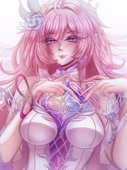 1girl absurdres bare_shoulders breasts commentary cyrene_(honkai:_star_rail) cyrene_(ripples_of_past_reverie)_(honkai:_star_rail) diamond-shaped_pupils diamond_(shape) dress earrings flower four-finger_heart_hands hair_flower hair_ornament heart heart_hands highres honkai:_star_rail honkai_(series) jewelry large_breasts long_hair looking_at_viewer pink_hair pointy_ears purple_eyes shitsu_de_roll simple_background solo symbol-only_commentary symbol-shaped_pupils very_long_hair white_background white_dress