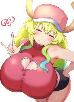 1girl bare_shoulders baseball_cap black_shorts blonde_hair blush breasts cleavage cleavage_cutout closed_eyes closed_mouth clothing_cutout commentary_request dragon_girl dragon_horns gradient_hair green_hair hand_on_own_hip hat heart heart_cutout highres horns horns_through_headwear huge_breasts kobayashi-san_chi_no_maidragon leaning_forward long_hair lucoa_(maidragon) multicolored_hair pink_nails reiwa_rerere shirt short_shorts shorts simple_background sleeveless smile solo white_background
