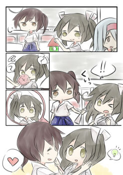 Rule 34 | !, !!, > <, > o, 10s, 3girls, ?, asymmetrical hair, black hair, blocks, brown eyes, brown hair, comic, commentary, closed eyes, green eyes, hair ribbon, hairband, heart, hisui (kimochi), japanese clothes, kaga (kancolle), kantai collection, mirror, multiple girls, one eye closed, open mouth, ribbon, shoukaku (kancolle), side ponytail, silent comic, spoken exclamation mark, spoken heart, spoken lightbulb, spoken question mark, squiggle, toy, twintails, white hair, aged down, zuikaku (kancolle)