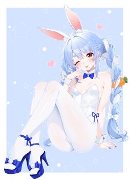 1girl :3 absurdres alternate_costume animal_ear_fluff animal_ears bare_shoulders blue_background blue_bow blue_hair blue_nails blue_shoes blush border bow braid breasts carrot_hair_ornament cleavage commentary detached_collar felixkohai food-themed_hair_ornament full_body hair_intakes hair_ornament heart heart_in_eye high_heels highleg highleg_leotard highres hololive leotard multicolored_hair nail_polish one_eye_closed open-toe_shoes orange_eyes outline outside_border pantyhose pekomon_(usada_pekora) playboy_bunny rabbit-shaped_pupils rabbit_ears shoes signature small_breasts star_(symbol) strapless strapless_leotard symbol-shaped_pupils symbol_in_eye thick_eyebrows tongue tongue_out twin_braids usada_pekora virtual_youtuber white_border white_hair white_leotard white_outline white_pantyhose white_wrist_cuffs wrist_cuffs