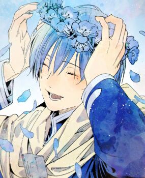 1boy abe_tsukasa arms_up blue_background blue_flower blue_hair blue_shirt closed_eyes commentary_request falling_petals flower flower_wreath high_collar highres himmel_(sousou_no_frieren) long_sleeves lower_teeth_only male_focus mole mole_under_eye official_art open_mouth petals second-party_source shirt short_hair smile solo sousou_no_frieren teeth