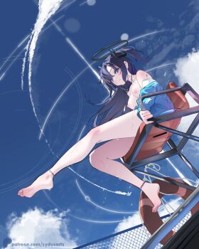 Rule 34 | 1girl, ass, bar censor, barefoot, blue archive, blue eyes, blue sky, blush, bottomless, breasts, censored, chair, closed mouth, feet, female focus, foot focus, from below, halo, innertube, jacket, legs, lifeguard, lifeguard chair, long hair, long sleeves, looking at viewer, looking down, mechanical halo, medium breasts, naked jacket, nipples, no bra, no panties, no pants, off shoulder, open clothes, open jacket, purple hair, pussy, sitting, sky, soles, solo, sweat, swim ring, sydus, toes, track jacket, two side up, yuuka (blue archive)