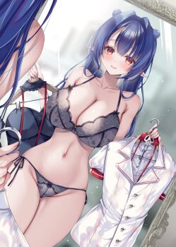 1girl absurdres blue_hair bra breasts brown_eyes cleavage closed_mouth collarbone commentary commission dizzy_dokuro double_bun grey_bra grey_panties hair_bun hair_intakes highres holding holding_unworn_clothes long_hair mirror mitsuki_tsumi navel panties phase_connect pointy_ears reflection second-party_source skeb_commission smile solo underwear virtual_youtuber