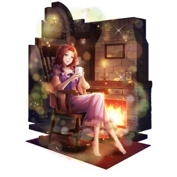 1girl artist_request barefoot breasts candle candlelight candlestand chair cleavage collarbone cup detached_sleeves dress eyelashes fire fireplace forehead game_cg hair_intakes hands_up holding holding_cup indoors long_dress long_hair long_sleeves looking_at_object malty_s_melromarc medium_breasts mug official_alternate_costume official_art pajamas parted_lips pink_sleeves purple_dress purple_pajamas raised_eyebrows red_carpet red_hair rocking_chair short_sleeves sitting smile solo sparkle tate_no_yuusha_no_nariagari tate_no_yuusha_no_nariagari_rerise wide_sleeves wooden_chair