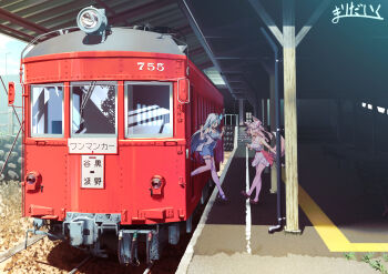 2girls absurdres animal_ears bare_shoulders blue_dress breasts commentary_request day dress fox_ears fox_mask fox_tail hair_ornament highres looking_at_another marimo_daifuku mask medium_breasts multiple_girls multiple_unit_train original outdoors railroad_tracks scenery signature sleeveless tail thigh_strap thighhighs train train_interior train_station white_dress white_thighhighs
