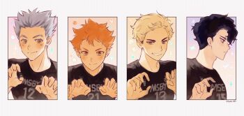 4boys animated animated_gif black_hair blonde_hair bokuto_koutarou claw_pose closed_eyes column_lineup commentary_request grey_hair haikyuu!! highres hinata_shouyou hyeon_0613 korean_commentary male_focus miya_atsumu multicolored_hair multiple_boys open_mouth orange_hair sakusa_kiyoomi signature smile tongue tongue_out twitter_username two-tone_hair