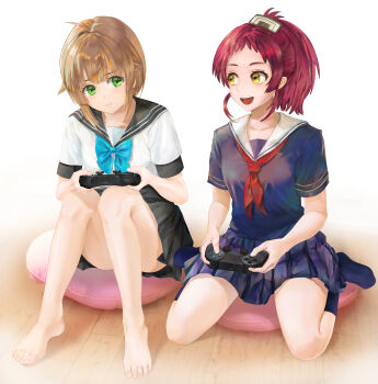 2girls absurdres aisha_greyrat barefoot black_serafuku black_skirt blonde_hair blue_shirt blue_skirt blue_socks breasts contemporary controller cushion eyebrows_hidden_by_hair feet full_body game_controller green_eyes hairband highres holding holding_controller holding_game_controller knees_together_feet_apart knees_up looking_at_another multiple_girls mushoku_tensei norn_greyrat open_mouth ponytail pout red_hair sake131 school_uniform serafuku shirt short_hair siblings simple_background sisters sitting skirt small_breasts smile socks toenails toes upper_body wariza white_background white_shirt yellow_eyes