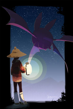 1other bat_(animal) black_border black_pantyhose border coat crobat facing_away flying full_body galaxy_expedition_team_survey_corps_uniform gen_2_pokemon hat highres holding holding_lantern isutai lantern leg_warmers night night_sky nintendo outdoors pantyhose pokemon pokemon_(creature) red_coat sandals simple_background sky standing straw_hat white_leg_warmers wings