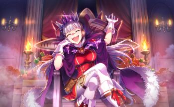 1girl ^_^ animal_ears argyle_clothes argyle_pantyhose armor artist_request belt belt_bag black_belt blue_bow blunt_bangs boots bow breasts brown_belt buttons candlestand cape carrot chain chest_belt closed_eyes collared_cape crate crossed_legs crown curtains dress ear_bow earmuffs evil_smile eyelashes feet_out_of_frame fire footwear_bow fur-trimmed_cape fur_trim game_cg gloves gold_buttons gold_ship_(that_time_i_became_the_strongest)_(umamusume) gold_ship_(umamusume) grey_hair hand_on_own_cheek hand_on_own_face high_collar horse_ears horse_girl indoors knees large_breasts laughing long_hair official_art on_throne open_mouth pantyhose pauldrons pillar purple_cape purple_crown red_bow red_dress short_dress shoulder_armor sitting sitting_on_throne smile smoke solo teeth thigh_strap umamusume upper_teeth_only v-shaped_eyebrows variant_set very_long_hair white_boots white_gloves white_pantyhose