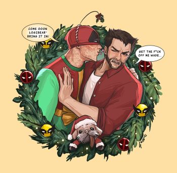 2boys beard blush brown_hair censored censored_text christmas christmas_sweater christmas_wreath collared_shirt commentary deadpool deadpool_&amp;_wolverine deadpool_(series) dog dogpool english_commentary english_text facial_hair gwindows22 hand_on_another's_chest heart long_sleeves looking_at_another male_focus marvel marvel mask mistletoe multiple_boys muscular muscular_male one_eye_closed open_mouth puckered_lips red_mask santa_costume scar scars_all_over shirt speech_bubble teeth too_many ugly_sweater wolverine_(x-men) wreath x-men yaoi