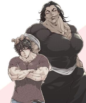 Rule 34 | 2boys, absurdres, black hair, black pants, black shirt, blush, brown eyes, brown shirt, collarbone, crossed arms, father and child, father and son, grappler baki, grey pants, hair between eyes, hanma baki, hanma yujiro, headpat, highres, huge pectorals, looking down, male focus, mole, mole above mouth, moo0n k, multiple boys, muscular, muscular male, pants, parent and child, parted lips, pout, scar, scar on arm, shirt, short hair, smile, v-shaped eyebrows