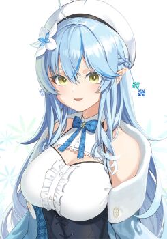 Rule 34 | 1girl, 9nojo, ahoge, arms at sides, bare shoulders, beret, blue flower, blue hair, blue neckwear, blush, braid, breasts, center frills, commentary, flower, frills, hair between eyes, hair flower, hair ornament, half updo, hat, highres, hololive, large breasts, long hair, long sleeves, looking at viewer, open mouth, plaid clothes, plaid neckwear, pointy ears, shirt, simple background, sleeveless, sleeveless shirt, smile, solo, underbust, upper body, virtual youtuber, white background, white flower, white hat, white shirt, yellow eyes, yukihana lamy