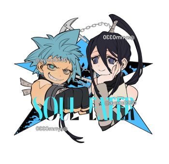 1boy 1girl artist_name aynm010330 black_hair black_star blue_eyes blue_hair chain chinese_commentary clenched_hand copyright_name dark-skinned_male dark_skin fingerless_gloves fingernails gloves grin hair_between_eyes hand_on_own_cheek hand_on_own_face highres looking_at_another male_focus nakatsukasa_tsubaki pale_skin single_bare_shoulder smile soul_eater spiked_hair star_(symbol) star_in_eye symbol_in_eye twitter_username