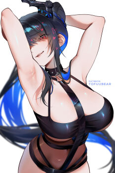1girl absurdres armpit_focus armpits arms_behind_head arms_up black_hair black_one-piece_swimsuit blue_hair breasts casual_one-piece_swimsuit cleavage colored_inner_hair covered_navel flower high_ponytail highres hololive hololive_english horn_flower large_breasts long_hair looking_at_viewer multicolored_hair nerissa_ravencroft nerissa_ravencroft_(holonatsu_paradise) official_alternate_costume official_alternate_hairstyle one-piece_swimsuit ponytail presenting_armpit purple_eyes sidelocks simple_background slit_pupils solo swimsuit tofuubear very_long_hair virtual_youtuber white_background