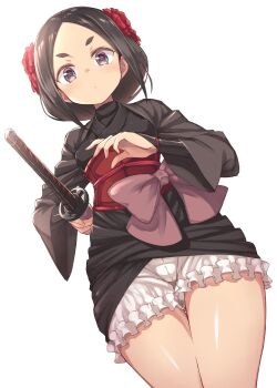 Rule 34 | 1girl, baakurou, black eyes, black hair, black kimono, bloomers, blush, bow, closed mouth, clothes lift, commentary, dutch angle, female focus, flower, frills, hair flower, hair ornament, highres, hikimayu, holding, holding sword, holding weapon, japanese clothes, katana, kimono, large bow, light frown, long hair, long sleeves, looking at viewer, obi, princess principal, puffy pants, purple bow, red flower, sash, short kimono, simple background, skirt, skirt lift, solo, standing, sword, thighs, toudou chise, underwear, upskirt, weapon, white background, white bloomers